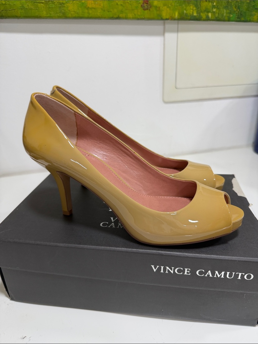 Vince Camuto Patent Peep-Toe Heels in Mustard Yellow